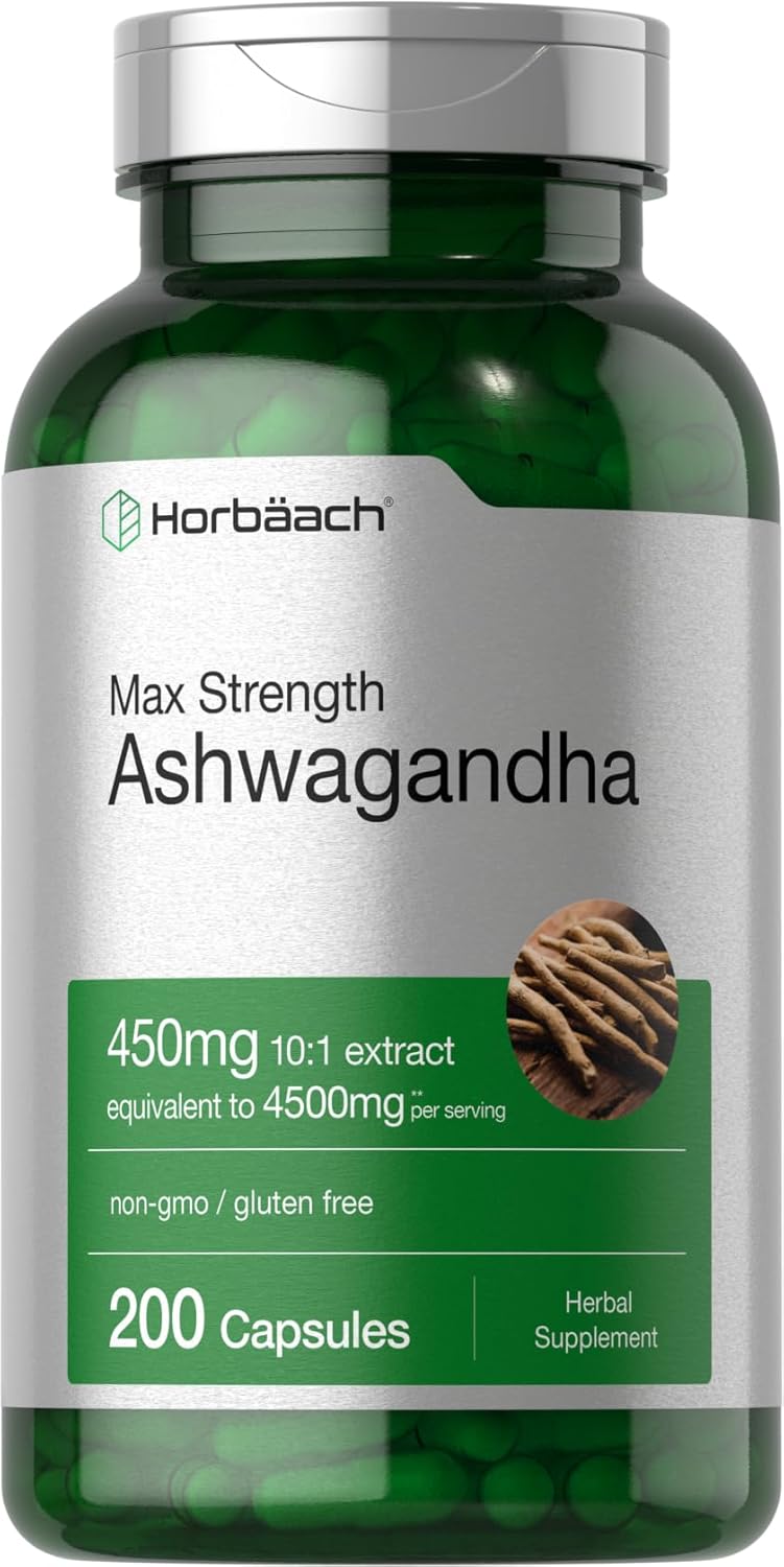 Horbäach Ashwagandha Supplement | Max Strength | 200 Capsules | Non-GMO, Gluten Free